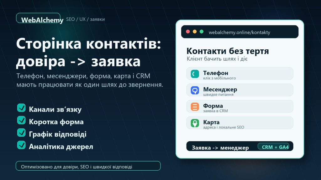 Сторінка контактів на сайті з телефоном, месенджерами, формою, картою і заявками