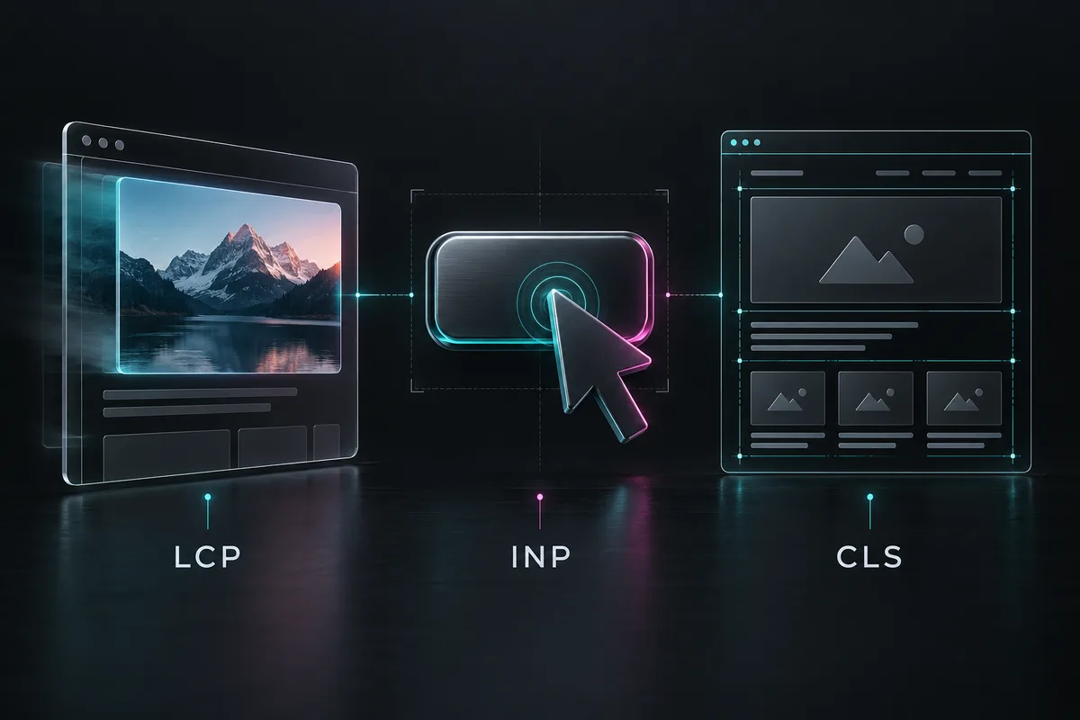 The three Core Web Vitals: main content loading with LCP, interaction responsiveness with INP, and layout stability with CLS