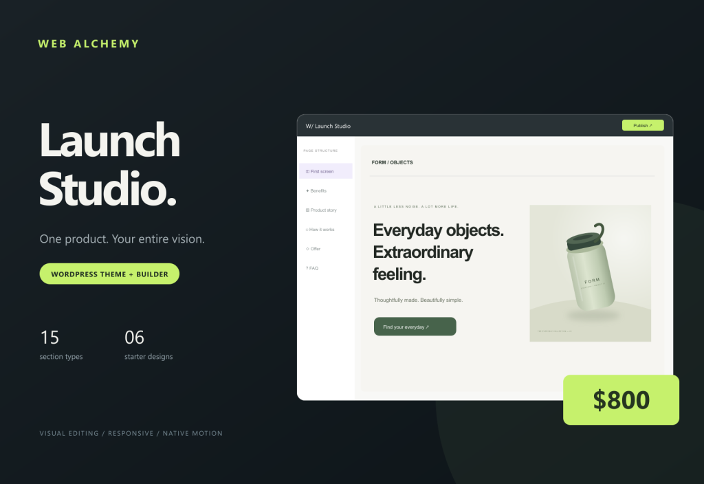 WA Launch Studio — a WordPress theme with a visual builder: 15 section types, 6 designs, price $800